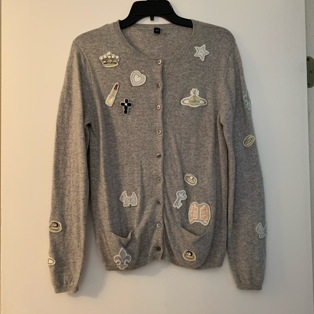 Women Grey Cashmere Cardigan Sweater Sz 42